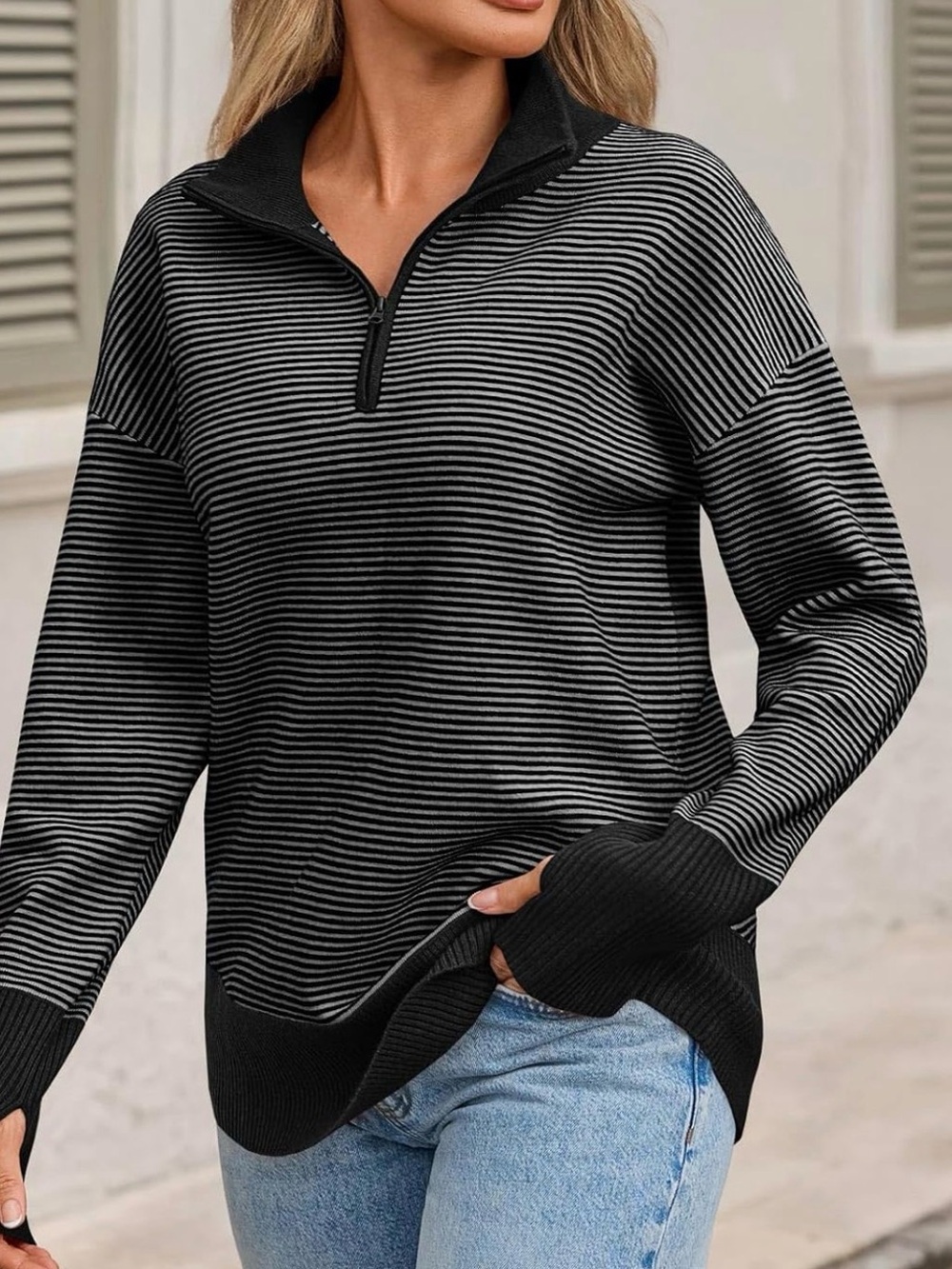 Saodimallsu Women's One-Room Zipper Knit Sweater, Striped Design, Color Block, C